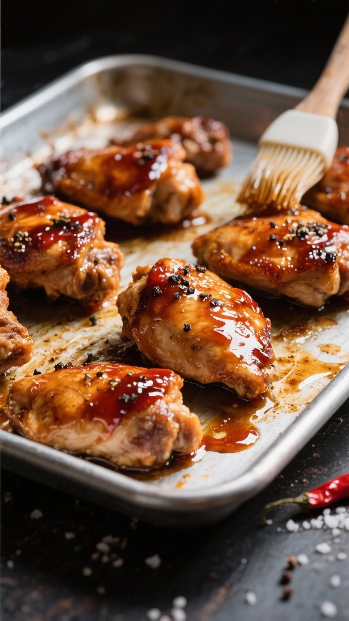 Sheet-pan process shot at 45 degrees: sticky honey-chile boneless skinless chicken thighs lacquered with a glossy mix of low-sodium soy sauce, honey, rice vinegar, and sriracha/chili garlic sauce; edges caramelized, juices sizzling; visible flecks of black pepper and kosher salt; lined metal sheet pan with a light char, a silicone brush with glaze nearby; bold, moody lighting to enhance the sticky sheen.