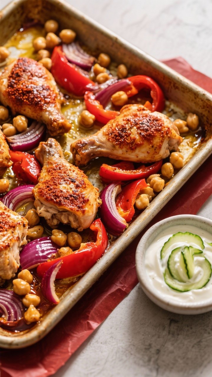 Sheet-pan roast, overhead: Harissa-rubbed boneless skinless chicken thighs roasted with chickpeas, sliced red bell pepper, and red onion wedges, all glistening with olive oil and lightly blistered edges. Off to the side, a small bowl of zesty cucumber yogurt (visible grated cucumber swirls) ready for dolloping. Rustic pan on parchment, deep reds and golds contrasting cool yogurt.