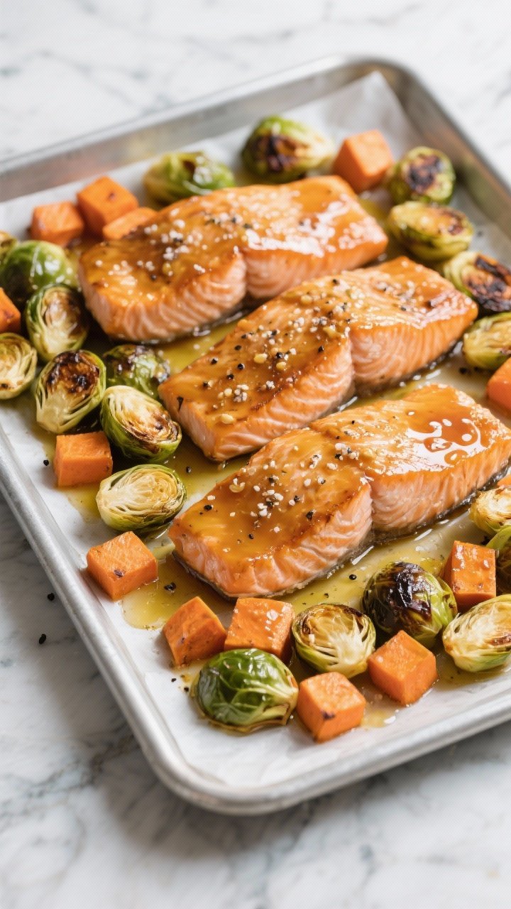 Sheet pan scene at 45 degrees: honey-Dijon glazed salmon fillets nestled among roasted Brussels sprouts halves and 1-inch sweet potato cubes; gloss from olive oil, Dijon and honey pooling slightly, seasoned with kosher salt and black pepper; caramelized edges on vegetables, charred bits for texture; on parchment-lined metal tray over a cool marble surface, clean weeknight vibe.