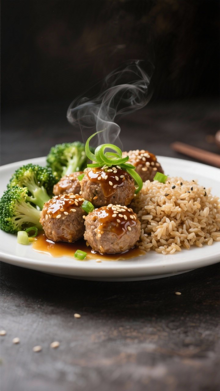 Straight-on action shot: glossy sesame-ginger turkey meatballs (lean ground turkey mixed with panko, egg, green onions, grated fresh ginger, garlic) being glazed with a light soy-sesame sauce; plated alongside steamed broccoli florets and a neat mound of brown rice; sesame seeds sprinkled on top, green onion curls, gentle steam rising; moody backdrop with directional side light to emphasize shine and texture.