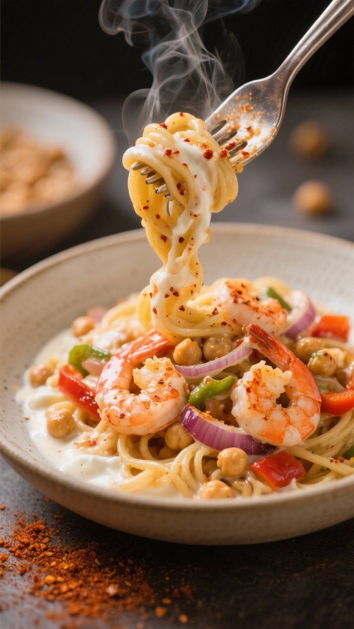 Straight-on action shot of creamy Cajun shrimp pasta being twirled on a fork; high-protein chickpea pasta coated in a light, creamy Greek yogurt–based Cajun sauce with sautéed shrimp, onions, and bell peppers; visible Cajun seasoning speckles, steam rising; served in a wide-rimmed bowl with extra Cajun spice dusted around, warm, cozy color palette.