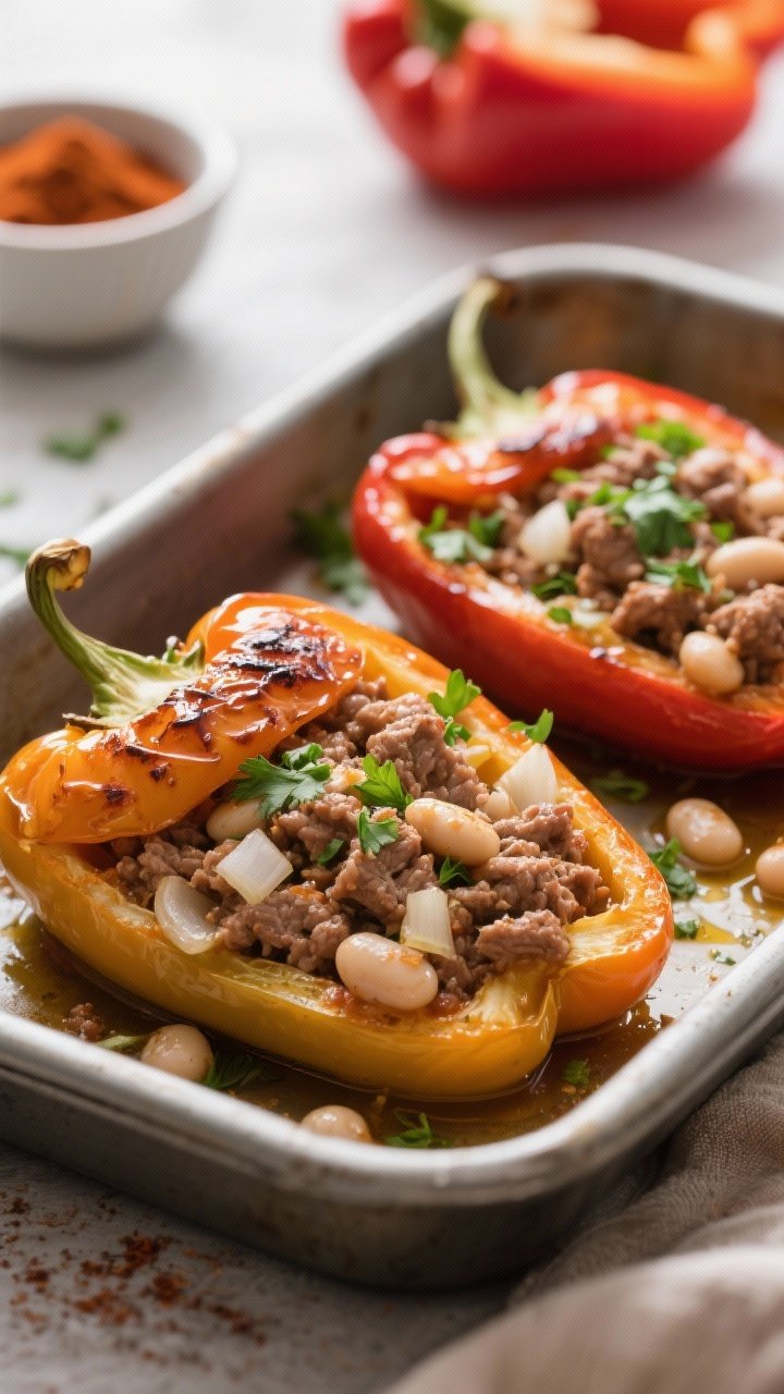 Straight-on baking dish shot of Smoky Turkey & White Bean Stuffed Peppers: halved bell peppers packed with lean ground turkey sautéed with olive oil, finely chopped onion, minced garlic, smoked paprika, and tender white beans. The filling is slightly browned on top, juices bubbling at the edges. Extra chopped parsley sprinkled over, with a small bowl of smoked paprika and raw pepper halves in the background. Cozy, rustic mood, warm tones, sharp detail on smoky filling.