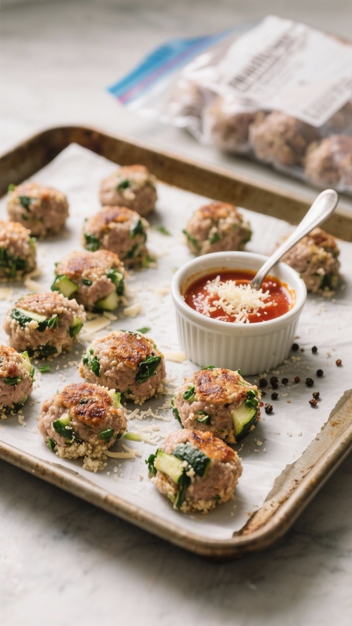 Straight-on baking tray process shot: veggie-packed turkey meatballs arranged on parchment, lightly browned edges; flecks of finely grated zucchini and chopped spinach visible within the meatballs, specks of Parmesan and breadcrumbs throughout; a small ramekin of zesty marinara alongside with a spoon trail, grated Parmesan dusting, cracked pepper; freezer-friendly vibe with labeled freezer bag in background slightly out of focus, soft directional light.