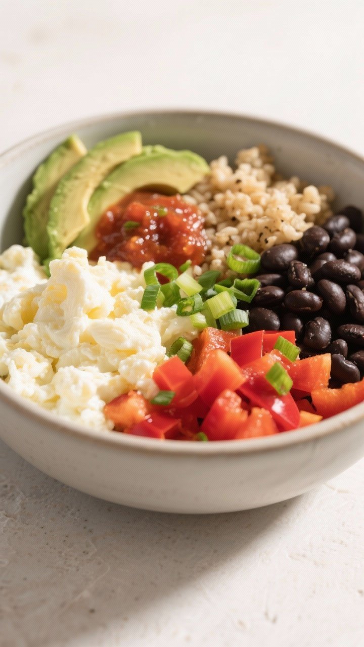 Straight-on bowl composition: breakfast-for-lunch burrito bowls featuring fluffy scrambled egg whites, black beans, a scoop of brown rice or cauliflower rice, diced red bell pepper, and a sprinkle of scallions; optional salsa and avocado fan on top; components neatly segmented in a matte ceramic bowl; bright, clean colors with soft morning-style light.