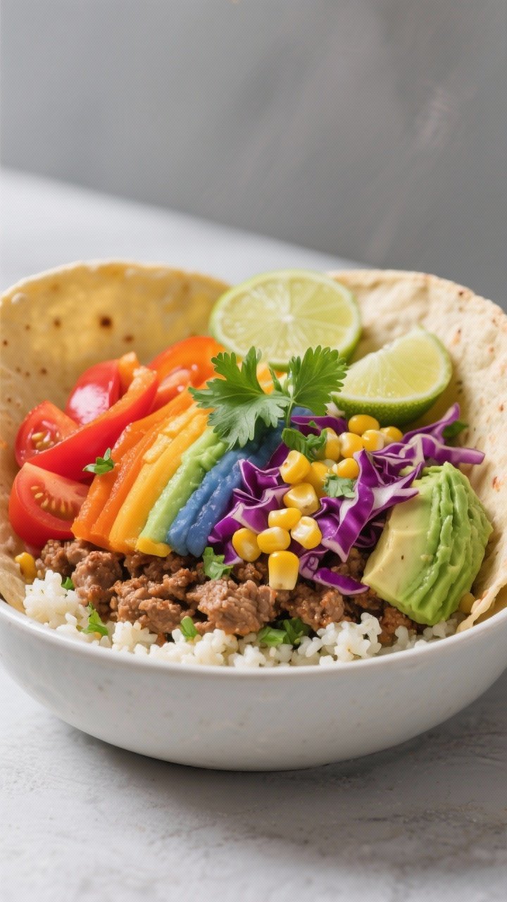 Straight-on bowl composition: rainbow turkey taco bowls layered with seasoned ground turkey, vibrant toppings arranged in stripes—red tomatoes, orange bell pepper, sweet corn, shredded purple cabbage, avocado slices—over cilantro-lime cauliflower rice; lime wedges and cilantro leaves on top; vivid colors, clean modern backdrop.