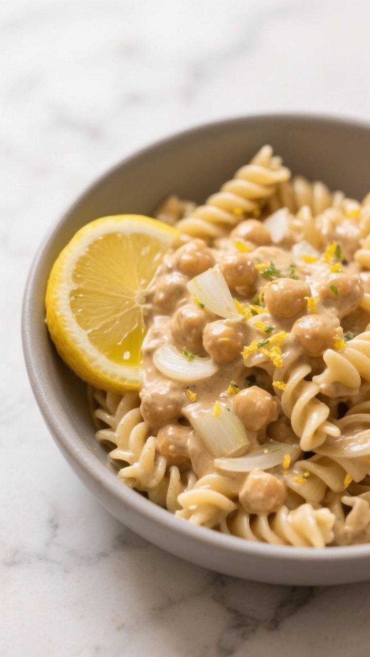 Straight-on bowl of one-pot creamy lemon-tahini chickpea pasta: rotini chickpea pasta swirled in a silky sauce made from vegetable/chicken broth reduced with tahini, garlic slices, and finely chopped shallot; lemon zest flecked throughout, bright wedge perched on rim. Drizzle of olive oil catching highlights, velvety coating on every noodle. Served in a wide matte bowl on a marble surface, warm neutral tones, ultra-creamy, plant-forward comfort visual.