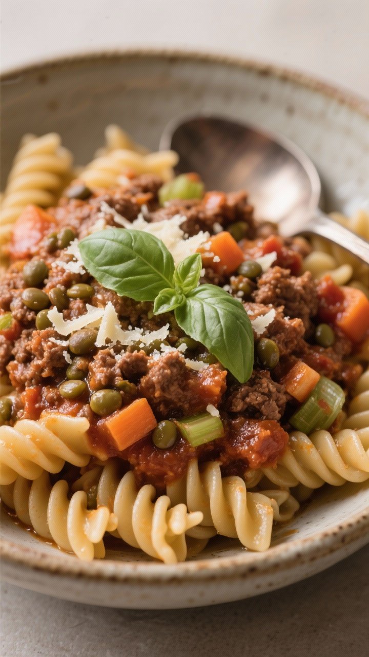 Straight-on bowl of pasta: Cozy lentil-bison Bolognese ladled over whole-wheat pasta. Rich, meaty sauce made with ground bison, finely diced onion, carrot, celery, minced garlic, and tender brown/green lentils in a tomato base, glossy from a bit of olive oil. The sauce clings to ridged pasta, topped with a light snowfall of grated Parmesan and a torn basil leaf. Warm tungsten lighting, rustic ceramic bowl, a spoon resting on the rim.