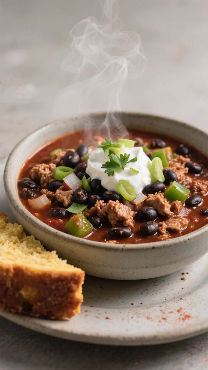 Straight-on bowl of smoky black bean and turkey chili: thick, hearty chili featuring black beans, lean ground turkey, diced onion and green bell pepper, with a deep red-brown hue from chili powder, cumin, smoked paprika, and a hint of cocoa; topped with a dollop of Greek yogurt or sour cream, chopped cilantro, and thinly sliced scallions; steam rising, cornbread wedge on the side, matte stoneware bowl.