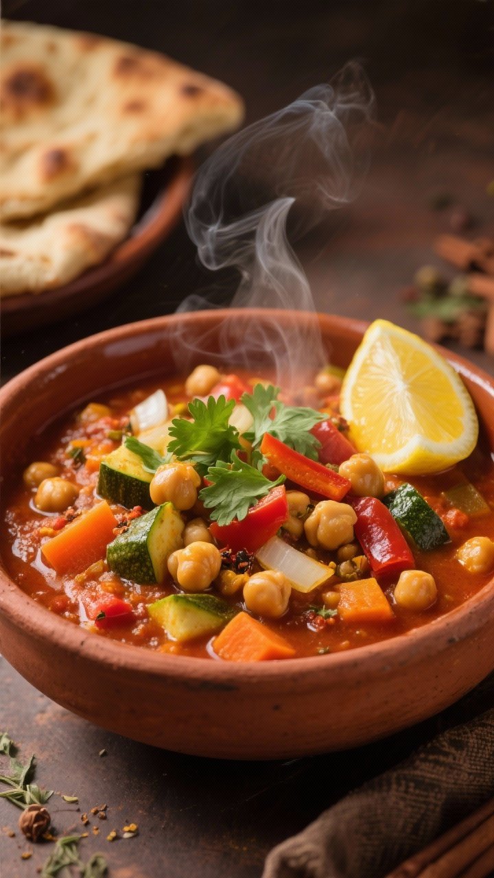 Straight-on bowl of spiced Moroccan chickpea stew: tomato base with visible chickpeas, diced yellow onion, and aromatic blend of cumin, smoked paprika, coriander, turmeric, and a hint of cinnamon. Jewel-tone veggies like carrots, peppers, and zucchini add pops of color; cilantro garnish and a wedge of lemon on the rim. Steam rising, served in a deep earthenware bowl with warm flatbread in the background, rich, inviting lighting.