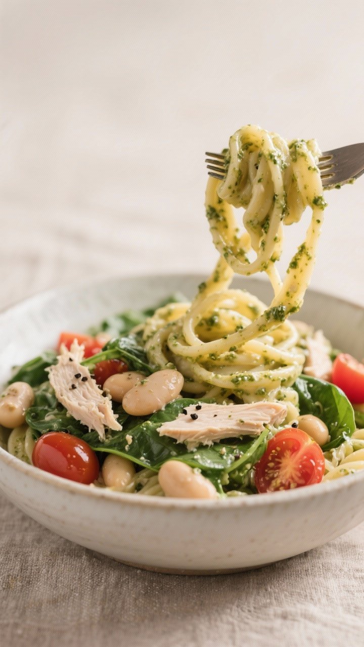 Straight-on bowl shot of Creamy White Bean and Chicken Pesto Pasta: whole-wheat or chickpea pasta coated in a lightened pesto sauce, studded with cannellini beans and shredded chicken; baby spinach wilted throughout, cherry tomato halves adding bursts of red; a light olive oil sheen and a sprinkle of cracked black pepper; twirl of pasta lifted slightly with a fork for texture emphasis, neutral linen backdrop.