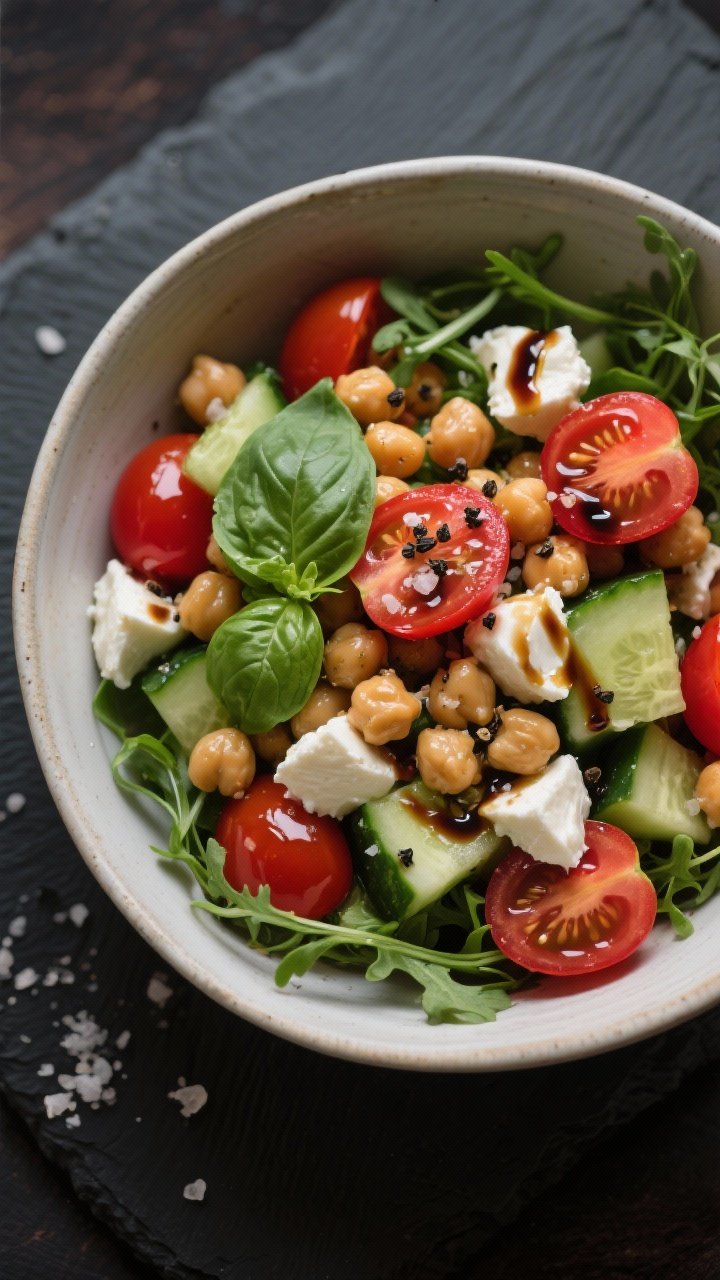 Straight-on bowl shot of High-Protein Caprese Chickpea Bowl: glossy chickpeas, mozzarella pearls, halved cherry tomatoes, diced English cucumber, and peppery arugula; fresh basil leaves, a bold balsamic reduction drizzle and a touch of olive oil; coarse black pepper and flaky salt visible; set on a dark slate to pop reds and greens; Italian-market freshness, minimalist styling, appetizing sheen.