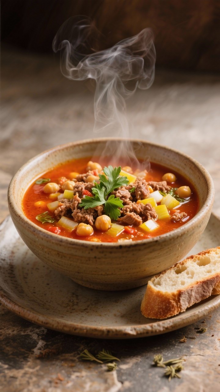 Straight-on bowl shot of Moroccan-Spiced Turkey And Chickpea Power Soup: brothy, tomato-tinged soup brimming with ground turkey, chickpeas, diced yellow onion, and aromatics of cumin, coriander, cinnamon, smoked paprika, and garlic; garnished with parsley and a drizzle of olive oil; steam rising from a wide ceramic bowl, warm earthy tones, served with rustic bread on the side on a textured stone surface.