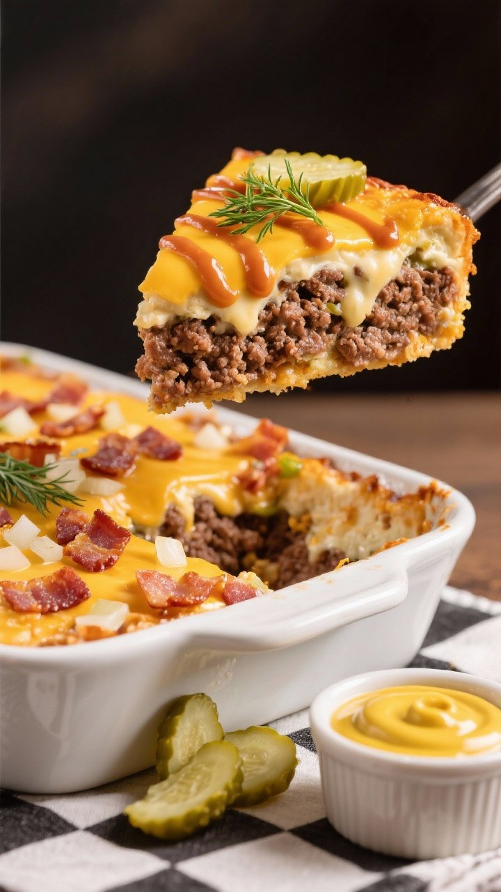 Straight-on casserole slice: dill pickle bacon cheeseburger casserole. Layers of 85–90% lean ground beef seasoned with kosher salt, black pepper, and mustard powder, studded with chopped bacon and diced onion, bound in a creamy, cheesy mixture. Topped with melty cheddar, drizzled with a thin zig of burger sauce, and finished with chopped dill pickles. A square slice lifted to show juicy layers; extra pickle chips and a ramekin of yellow mustard nearby. Nostalgic diner vibe with a checkered napkin, crisp highlights on bacon and cheese.