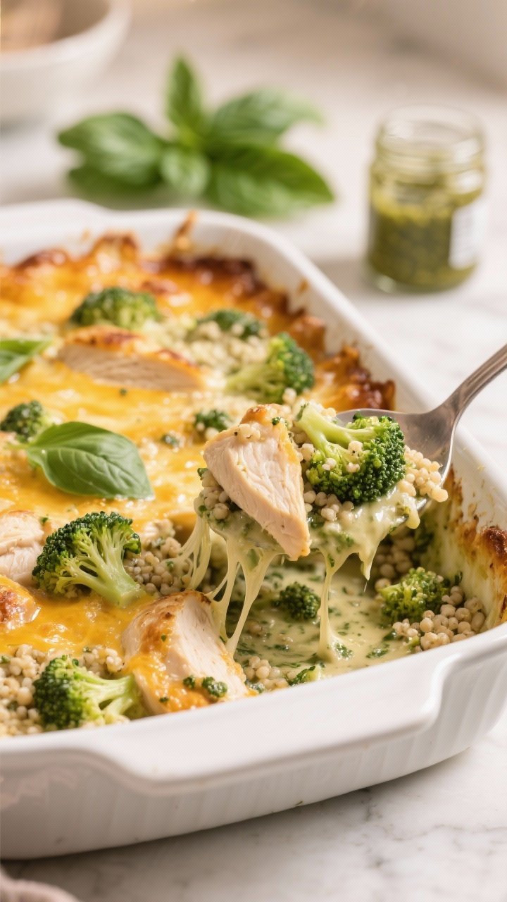 Straight-on casserole-style hero of Creamy Pesto Chicken Quinoa Bake with Broccoli: bubbling golden top in a white baking dish; visible pieces of chicken breast, small broccoli florets, and quinoa bound in a creamy pesto sauce; edges slightly browned with cheese pull at one corner; a spoon lifting a serving to show texture and creamy strands; fresh basil leaves and a small jar of pesto in the background; warm, cozy family-style mood, clean kitchen counter setting.