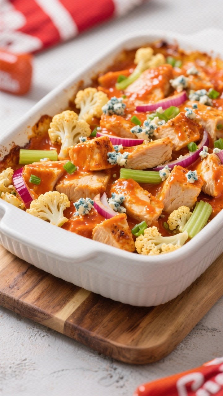 Straight-on casserole-style presentation of Buffalo Cauliflower and Chicken Protein Bake: bite-size cubes of boneless skinless chicken breasts and roasted cauliflower florets coated in a vivid orange buffalo sauce, studded with sliced celery and soft red onion slivers; topped with a light crumble of blue cheese or chopped green onions for contrast; bubbling edges in a white baking dish on a wooden board; energetic game-day feel with bright, punchy color and clean styling.
