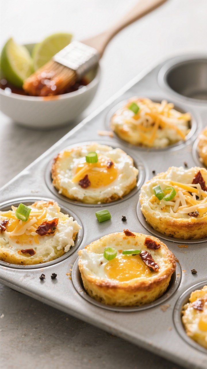 Straight-on close-up of Chipotle-Lime Cottage Cheese Egg Bites: golden baked egg bites in a muffin tin, showing airy texture and flecks of minced chipotle in adobo, with visible curds from low-fat cottage cheese. Ingredients noted: eggs, optional egg whites, kosher salt, black pepper, a sprinkle of shredded cheese and chopped green onions on top. A small bowl of lime wedges and a brush of chipotle sauce nearby, soft morning light, clean metal highlights.
