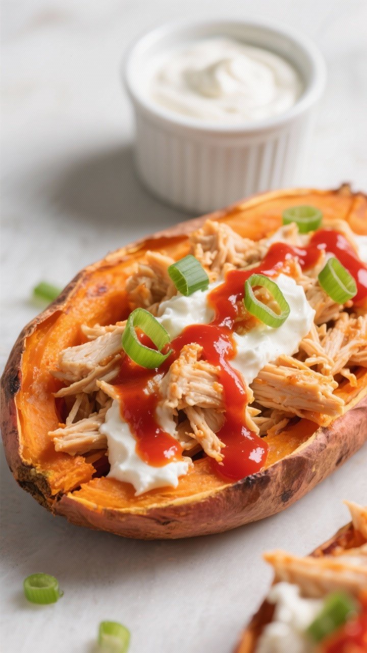 Straight-on close-up of creamy buffalo chicken loaded sweet potatoes: split roasted sweet potatoes stuffed with shredded rotisserie chicken tossed in Frank’s-style hot sauce, plain Greek yogurt, and a touch of light cream cheese for extra creaminess. The vivid orange-red buffalo filling contrasts with the deep orange sweet potato; garnished with thinly sliced green onions and a drizzle of buffalo sauce. A tiny ramekin of extra yogurt sauce in the background. Soft directional light, sharp focus on the creamy, saucy texture.