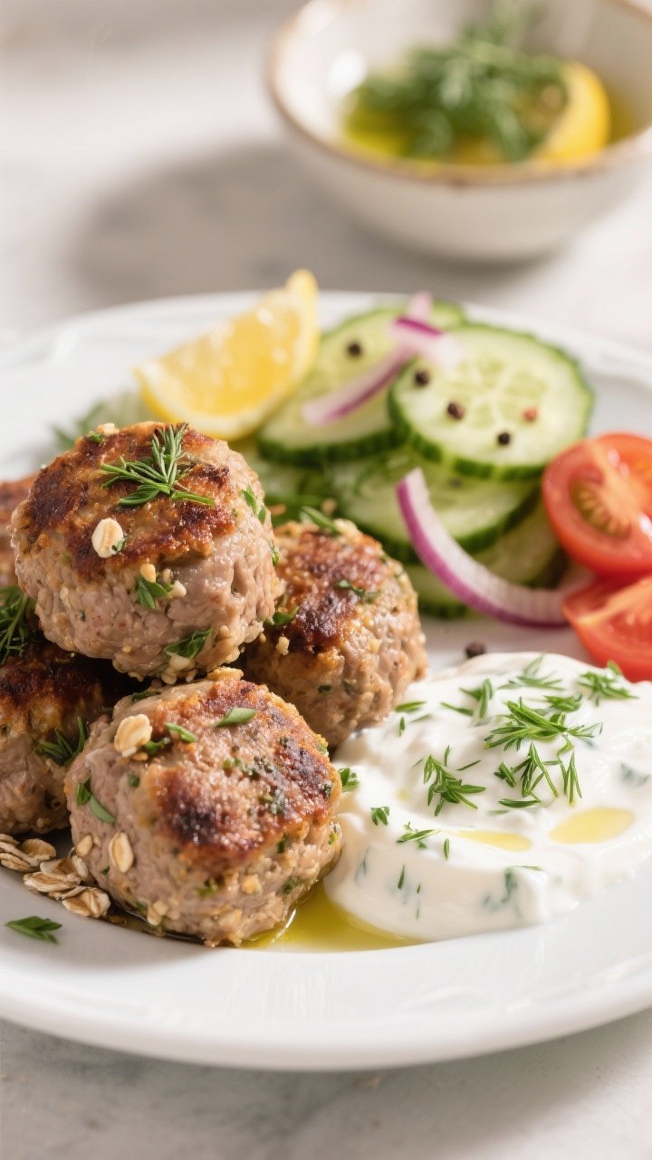 Straight-on close-up of Greek turkey meatballs stacked in a shallow white dish, visibly flecked with oregano, garlic, and oats/breadcrumbs, browned and juicy; a swoosh of herb yogurt (Greek yogurt with chopped dill and parsley) on the side, topped with a drizzle of olive oil and cracked pepper; a crisp cucumber salad with thin cucumber rounds, cherry tomato halves, red onion slivers, lemon, and fresh dill in a small bowl behind; Mediterranean styling with warm natural light.