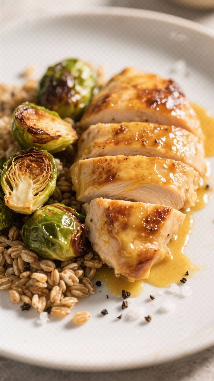 Straight-on close-up of Honey-Mustard Chicken with Crispy Brussels and Farro: juicy chicken breasts brushed with a glossy glaze of Dijon mustard, honey, and whole-grain mustard, caramelized edges; halved Brussels sprouts roasted to crisp with browned leaves; chewy farro bed beneath; coarse black pepper and sea salt visible, golden hour light for warm highlights, minimal modern plate.