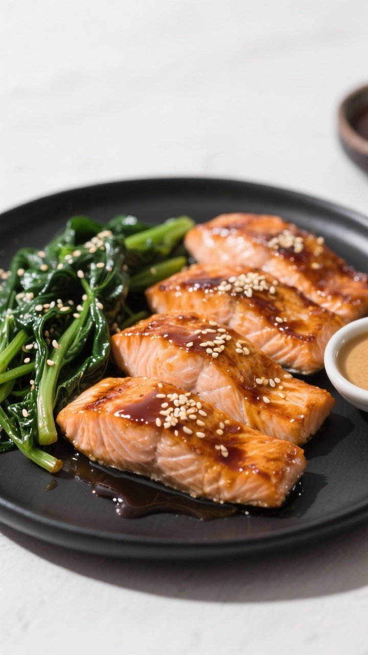 Straight-on close-up of miso-ginger salmon: four skin-on fillets lacquered with a glaze of white miso, low-sodium soy/tamari, honey, rice vinegar, and freshly grated ginger; sesame-slicked sautéed greens (spinach or bok choy) with a few sesame seeds; glossy caramelized edges, tender flakes visible; served on a matte black plate with a small dish of extra glaze; minimalist 20-minute weeknight vibe, clean lines, bright highlights.