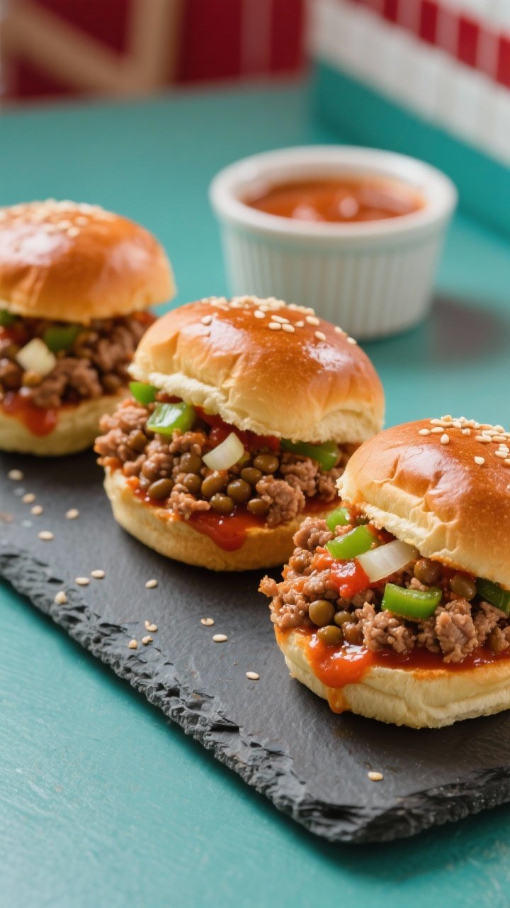 Straight-on close-up of sloppy joe turkey sliders: mini buns overflowing with saucy lean ground turkey and brown lentils, visible bits of finely chopped onion, green bell pepper, and minced garlic in a rich tomato-based sauce; three sliders lined up on a slate tray with a glossy, slightly sticky finish, a few sesame seeds on buns, a ramekin of extra sauce in the background, vibrant but cozy diner vibe.