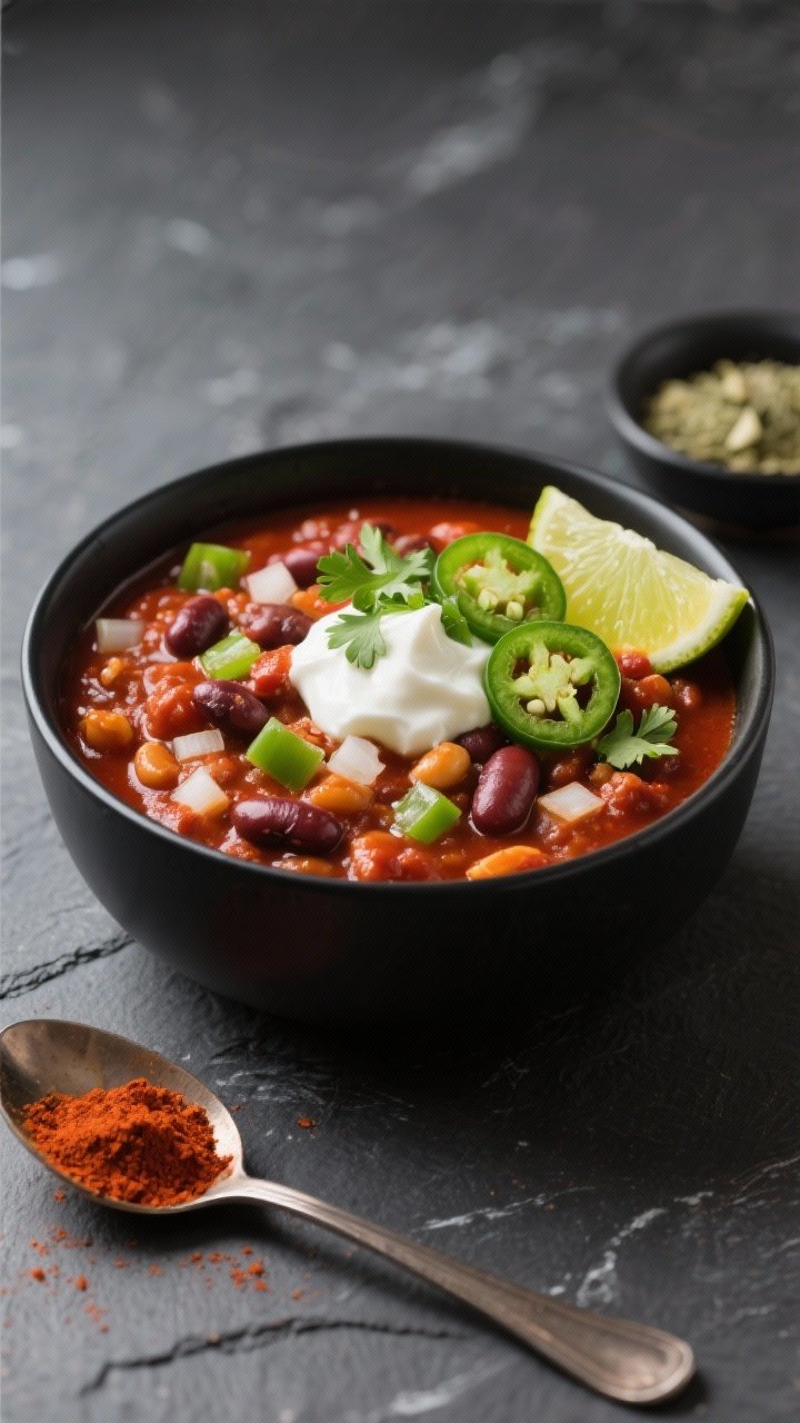 Straight-on hearty bowl of five-bean Tex-Mex chili: a thick, chunky stew featuring visible beans assortment, diced onion and green bell pepper, with a deep red base infused with chili powder, cumin, smoked paprika, dried oregano, and garlic. Garnished with a dollop of yogurt or sour cream, sliced jalapeños, chopped cilantro, and a lime wedge on the rim. Served in a matte black bowl on a slate surface with a spoon and a small dish of paprika in frame, emphasizing weeklong meal-prep abundance.