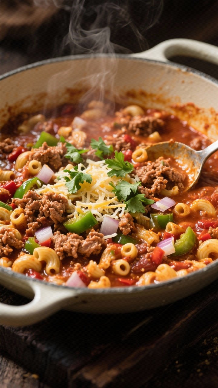 Straight-on, hearty one-pan scene of turkey chili mac in a large enameled skillet: lean ground turkey crumbles, elbow macaroni, diced onion and green bell pepper, visible garlic, a rich tomato-chili base with chili powder and cumin, bubbling and thick, topped with a scatter of chopped cilantro and a little shredded cheese melting at the edges; steam rising, ladle resting in the pan, rustic weeknight crowd-pleaser mood, warm tungsten lighting.
