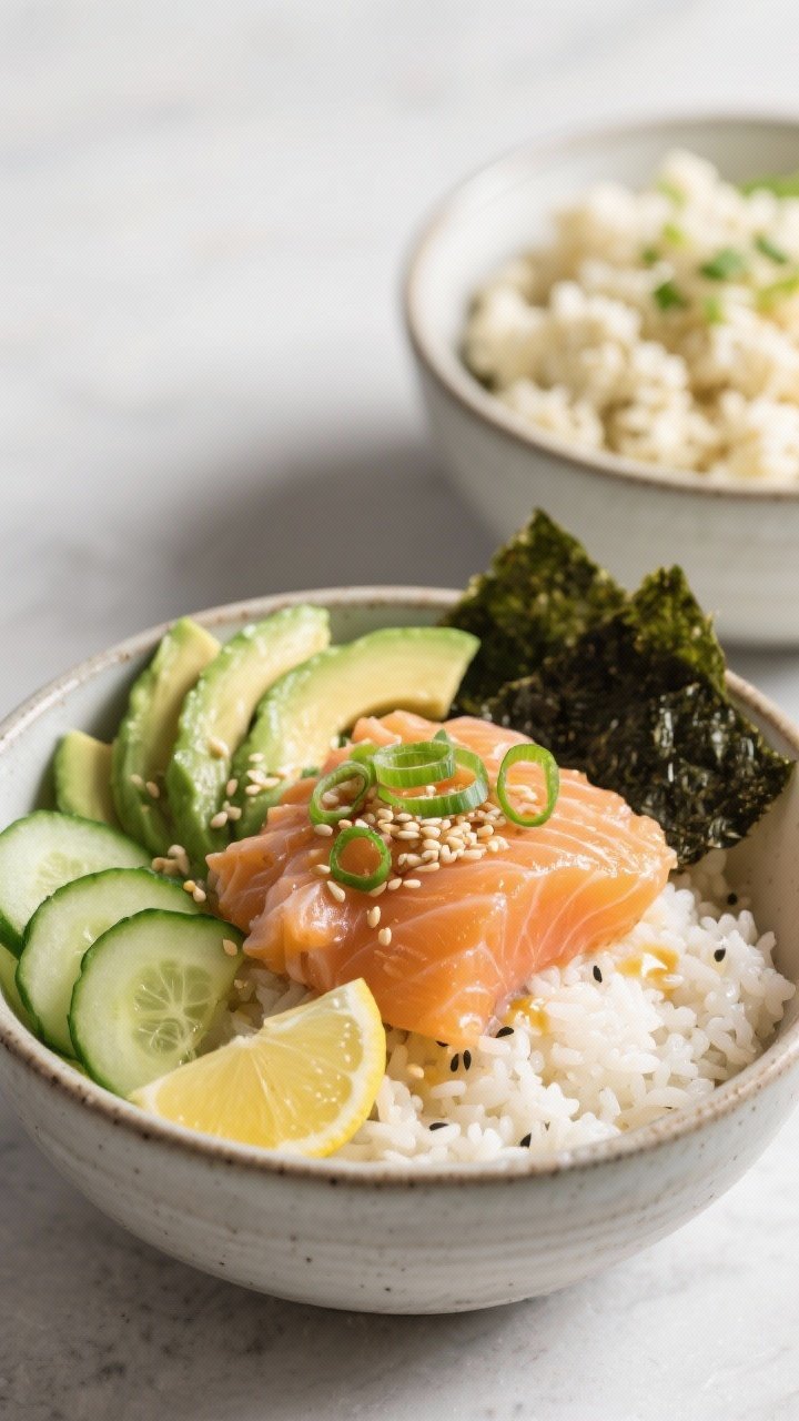 Straight-on hero shot of No-Mayo Salmon Avocado Rice Bowls in ceramic bowls: cooled short-grain rice bed, flaked cooked salmon, fanned ripe avocado slices, Persian cucumber half-moons, thin scallion rings, nori strips, and sesame seeds; optional cauliflower rice variation visible in a second bowl behind; clean, minimal composition with glossy freshness and a light soy-citrus drizzle sheen.