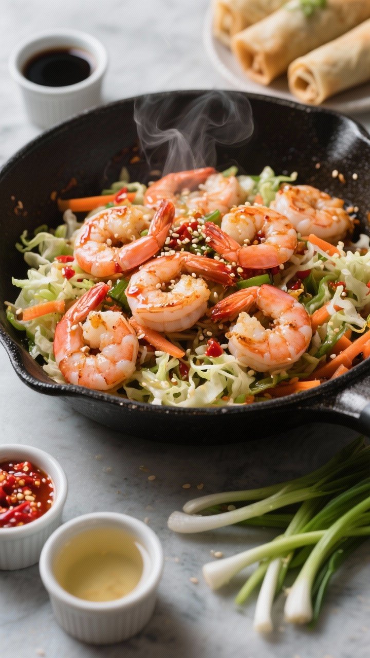 Straight-on ingredient/cooking process shot for spicy shrimp and veggie egg roll bowl: raw shrimp tossed with low-sodium soy sauce or tamari, rice vinegar, chili-garlic sauce, and a touch of sesame seeds, sizzling in a skillet alongside shredded cabbage and carrots. Glossy sauce clings to pink shrimp, steam and a slight char on veggies. Include small ramekins of soy/tamari, chili-garlic sauce, and vinegar, with sliced scallions ready for garnish.