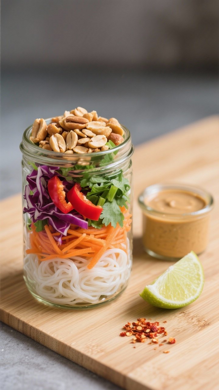Straight-on ingredient/prep scene for crunchy Thai-inspired peanut noodle jars: glass mason jars layered with rice noodles, shredded red cabbage, shredded carrots, thinly sliced red bell pepper, sliced green onions, chopped cilantro, and a top layer of roasted peanuts; small jar of creamy peanut sauce on the side, lime wedge and chili flakes nearby; clean bamboo surface, bold contrasting colors, crisp textures, minimalistic modern styling.