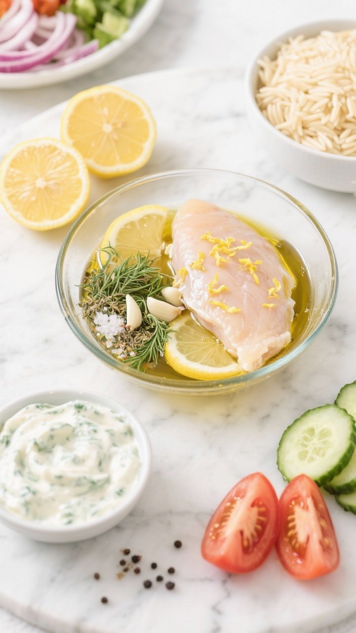 Straight-on ingredient-prep shot for Greek Tzatziki Chicken Bowl: boneless chicken breasts marinating in olive oil, lemon zest and juice, minced garlic, dried oregano, dill, kosher salt, and black pepper in a glass bowl; lemon halves, a small bowl of tzatziki, uncooked orzo with lemon, and crunchy salad elements (cucumber, tomato, red onion) arranged neatly around on a marble surface; bright Mediterranean mood, clean and fresh styling.