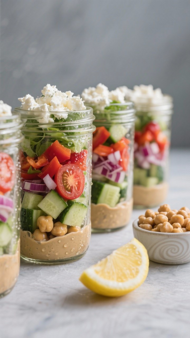 Straight-on jar lineup: no-cook chickpea crunch salad jars layered neatly from bottom to top—zesty tahini dressing, chickpeas, diced English cucumber, halved cherry tomatoes, diced red bell pepper, finely diced red onion, and a top layer of crumbled feta; vibrant colors, ultra-crisp textures, condensation on the glass; arranged in a row with extra lemon, tahini swirl, and a small bowl of chickpeas on a cool gray backdrop for a fresh, prep-friendly vibe.