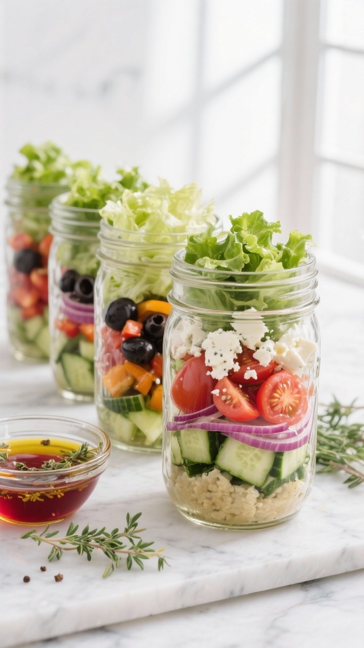 Straight-on lineup of five-day mason jar Greek salads: ingredient layers clearly defined to prevent sogginess—bottom layer of vinaigrette (olive oil, red wine vinegar, Dijon, oregano, honey, salt, black pepper), followed by chopped English cucumber, cherry tomatoes, sliced red onion, kalamata olives, diced bell pepper, crumbled feta, and topped with chopped romaine; glass jars on a white marble surface with a small bowl of extra dressing and oregano sprigs; bright, fresh Mediterranean colors, crystal-clear jars catching soft window light.