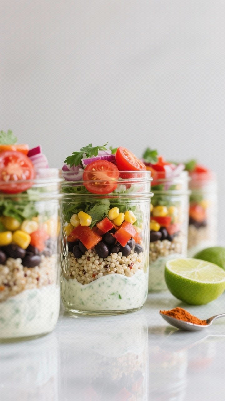 Straight-on lineup of meal-prep mason jars layered with fiesta quinoa: fluffy quinoa, black beans, corn kernels, diced red bell pepper, halved cherry tomatoes, red onion, and cilantro, with a visible layer of creamy lime yogurt dressing at the bottom. Bright, punchy colors against a neutral backdrop, limes and a small spoon of chili powder nearby. Crisp, clean reflections on glass.