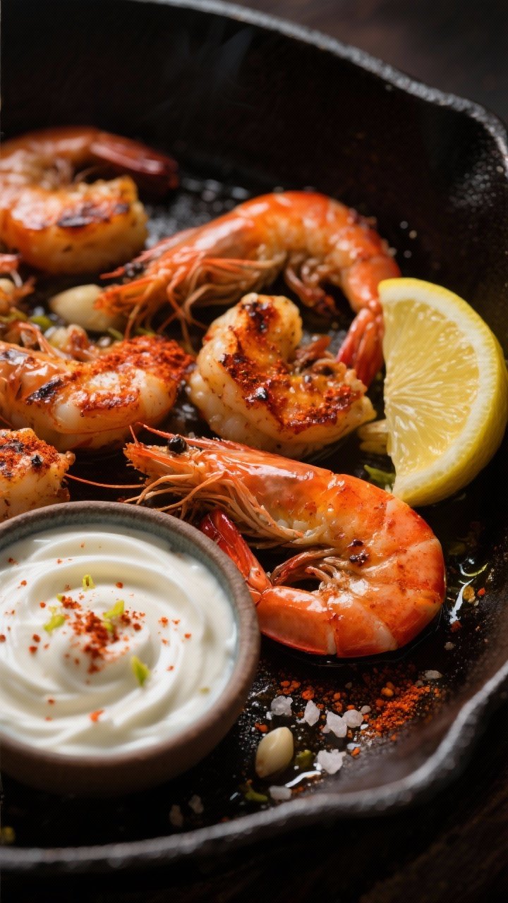 Straight-on macro of Smoky Paprika Shrimp: large shrimp tossed in olive oil with smoked paprika, garlic powder, onion powder, a hint of cayenne, kosher salt, and black pepper, sizzling in a cast-iron skillet. Golden-red crust, slight char, glistening juices. On the side, a small bowl of garlic-lemon yogurt (thick Greek yogurt with lemon) swirled and topped with lemon zest and paprika dusting. Lemon wedges and a pinch of sea salt flakes visible; dramatic side lighting to accent texture.