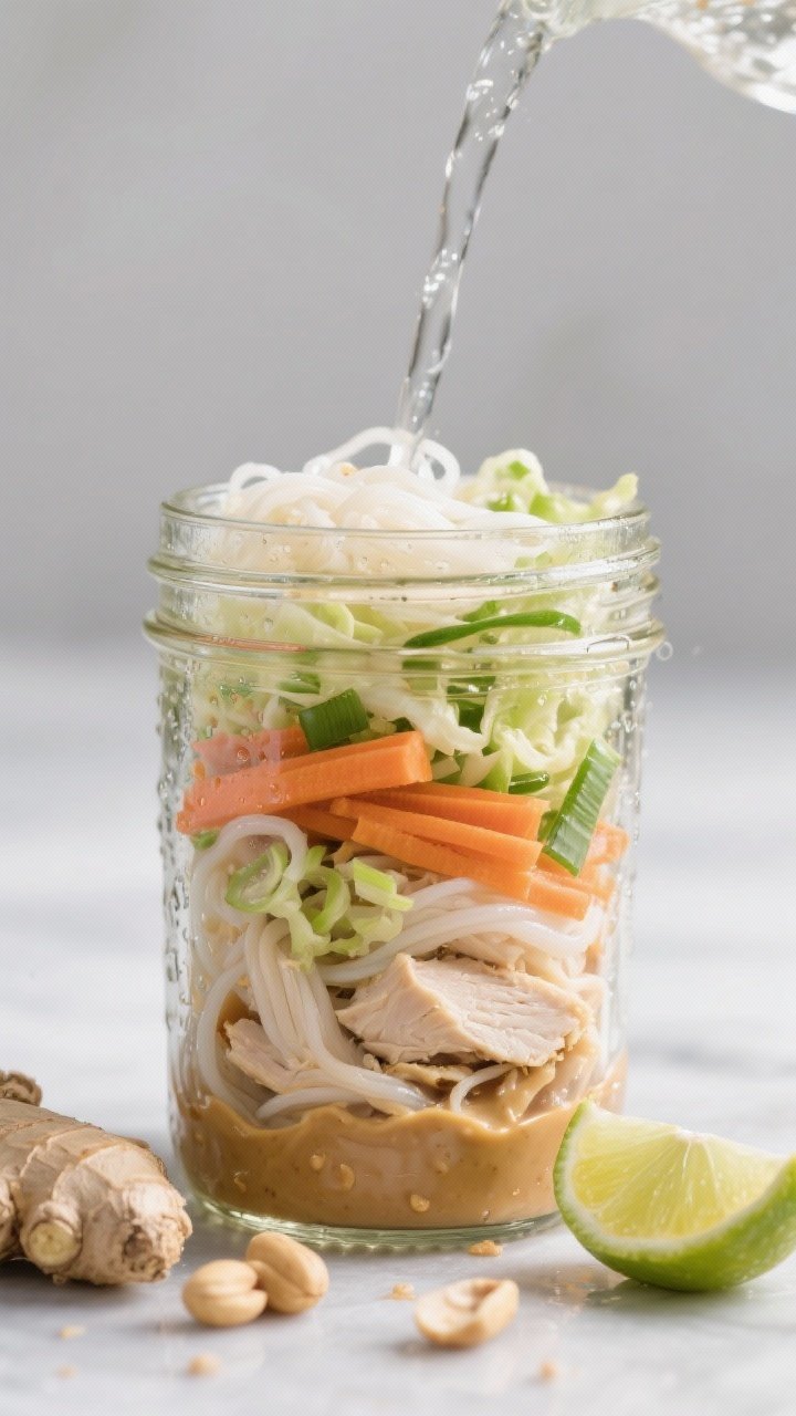 Straight-on mason jar build shot: Peanut-ginger chicken noodle jars, no microwave. Layer thin rice noodles, shredded chicken breast, carrot matchsticks, shredded cabbage, and thinly sliced green onions. A small clear layer of peanut-ginger sauce at the bottom, noodles perched above to soak as you pour in hot water. Condensation on jar, spare ingredients scattered: halved lime, fresh ginger knob, peanuts. Clean minimal backdrop, high contrast, appetizing gloss on veggies.