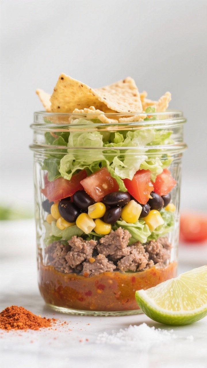 Straight-on mason jar salad stack: clear glass jar with crisp layers—chili-lime dressing at the bottom, seasoned ground beef or turkey (with chili powder, cumin, smoked paprika), black beans, sweet corn kernels, diced tomatoes, chopped romaine, and crushed tortilla chips at the top to stay crisp; lime wedge and a pinch of kosher salt nearby; bright, organized, grab-and-go meal-prep mood.