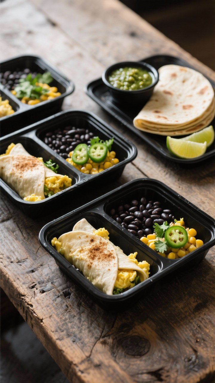 Straight-on meal prep box lineup: Black bean egg burrito boxes with salsa verde. Compartments show fluffy scrambled eggs whisked with milk, folded with cumin and chili powder; a side of black beans and corn; warm tortillas stacked; a ramekin of tangy salsa verde; lime wedges. Garnish with chopped cilantro and a few thin jalapeño slices. Matte black meal-prep containers on a rustic wood table, directional light for texture.