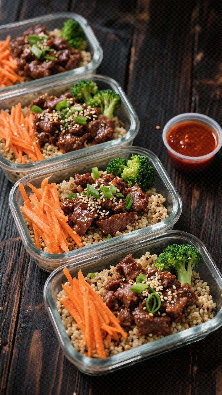 Straight-on meal prep box lineup for Korean-Inspired Beef Bulgogi Quinoa: four clear containers with a base of steamed quinoa, topped with glossy bulgogi-style lean ground beef, neat piles of shredded carrots and bright-green steamed broccoli florets; toasted sesame seeds and thinly sliced scallions scattered on the beef; a small ramekin of gochujang sauce in frame; dark wood background for contrast, moody yet appetizing, process-focused meal prep aesthetic.