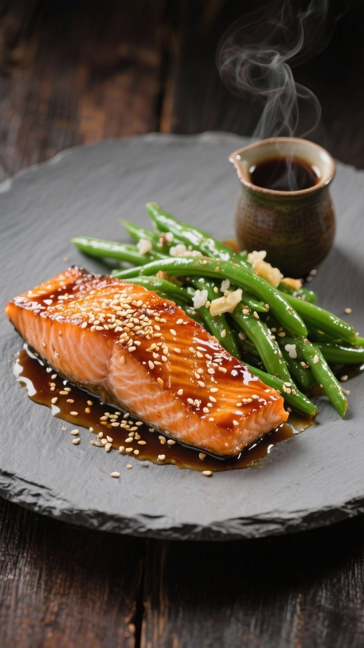 Straight-on, minimal, restaurant-style plating: honey-soy glazed salmon fillets (skin on) lacquered and glossy, sprinkled with sesame seeds, served with vibrant sesame oil–tossed green beans, hints of rice vinegar and ginger; a small pourer of soy-honey sauce to the side, steam visible; neutral slate plate on dark wood for contrast, modern Asian-inspired styling.