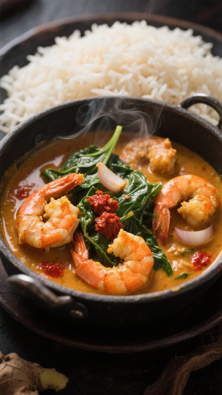 Straight-on, moody curry pot shot: coconut-curry shrimp simmering in a creamy sauce made with coconut oil, onion, garlic, fresh ginger, and red curry paste; spinach wilted in, shrimp just turning opaque; served with a mound of fragrant basmati rice in the background; rich golden-red curry color, glossy surface, steam curling up.