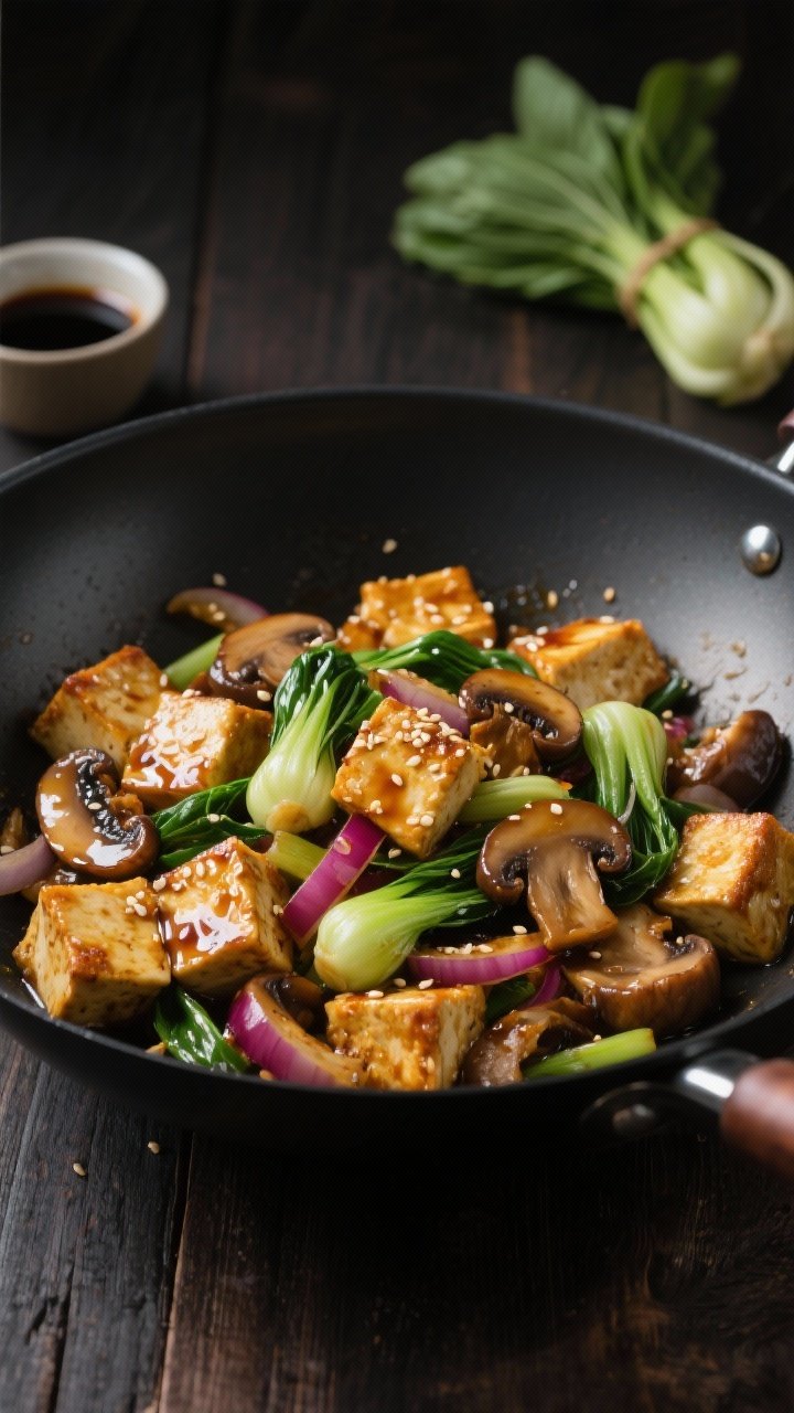 Straight-on, moody wok scene for Teriyaki Tofu & Mushroom Stir-Fry: golden-crisp cubes of pressed extra-firm tofu tossed with sliced cremini/shiitake mushrooms, chopped baby bok choy greens and stems, and slivers of red onion. A glossy soy-teriyaki sheen coats everything, with sesame seeds sprinkled lightly. The tofu edges look crunchy, mushrooms deeply browned, bok choy still vibrant. Set in a black wok over a dark wooden surface; small pouring cup of soy sauce and a bundle of baby bok choy in the background. Soft rim light for texture.