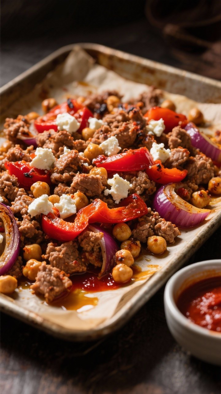 Straight-on one-pan bake: harissa-coated lean ground turkey crumbles roasted with chickpeas, red onion wedges, and red bell pepper slices on a sheet pan; feta crumbles scattered over top, edges slightly caramelized. Drizzles of olive oil catching the light, dollops/streaks of deep red harissa paste visible, bits of char on chickpeas. Rustic baking tray on a parchment-lined pan, with a small bowl of extra harissa to the side; warm, moody lighting for cozy, North African-inspired vibes.