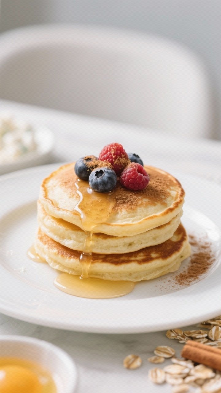 Straight-on plated brunch scene of cottage cheese pancakes: golden, fluffy pancakes made from low-fat cottage cheese, eggs, liquid egg whites, rolled oats, baking powder, cinnamon, vanilla, and a pinch of salt; stacked high with a light drizzle of honey or maple syrup cascading down the sides, topped with fresh berries and a dusting of cinnamon; soft morning light, white ceramic plate, minimal props, airy and inviting.