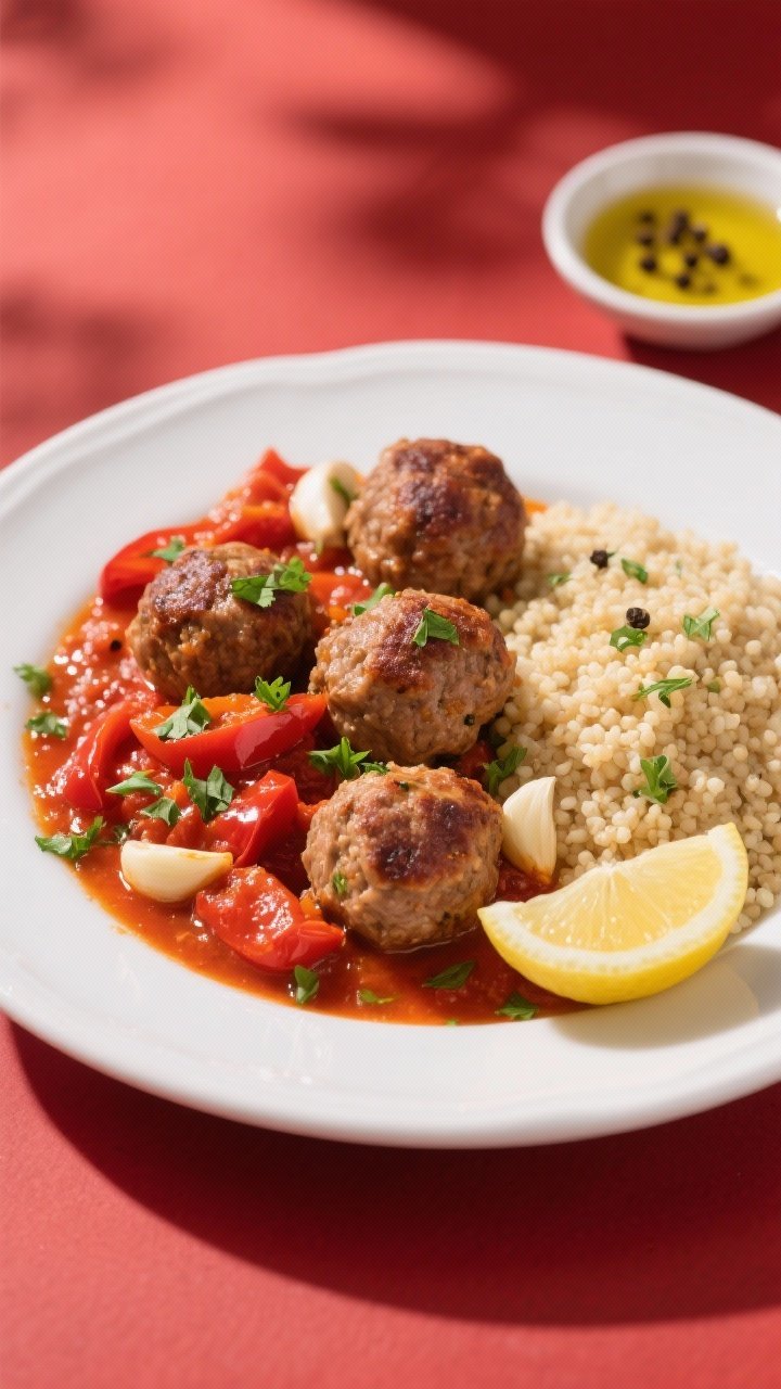 Straight-on plated entrée: Mediterranean turkey meatballs, browned and juicy, nestled in a rustic tomato-pepper sauce with roasted red peppers, garlic, and herbs, garnished with chopped parsley. Serve with a side of couscous or bulgur and a wedge of lemon; a small dish of olive oil and cracked black pepper visible. Cozy, tomato-red color palette, subtle backlight to catch sauce gloss.