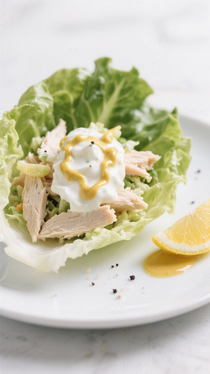 Straight-on plated lettuce wraps: Greek yogurt chicken salad piled into crisp butter lettuce cups. Visible shreds of cooked chicken breast bound with plain 2% Greek yogurt, Dijon mustard ribbons, lemon juice brightness, a kiss of honey, specks of kosher salt and black pepper. Minimalist white plate, lemon wedge and tiny Dijon smear on the side, cool daylight for a fresh, lean feel; creamy texture and juicy chicken emphasized, no extra garnishes beyond recipe cues.