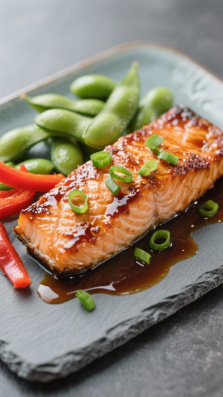 Straight-on plated miso ginger salmon: lacquered salmon fillets with crisped skin, brushed with a glossy miso-ginger-soy glaze, flanked by bright green shelled edamame and thin red bell pepper strips. Sliced green onions sprinkled over, a small pool of sauce beneath for shine. Minimalist ceramic plate on slate, clean modern composition, high-protein weeknight elegance, gentle steam, precise highlights on glaze.