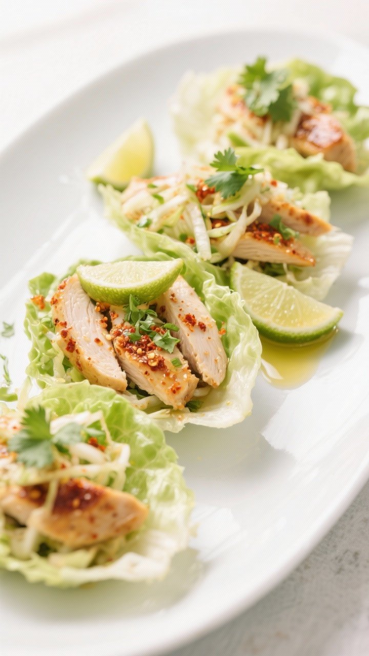 Straight-on plated presentation: chili-lime chicken lettuce wraps arranged in crisp butter lettuce cups, thinly sliced chicken glistening with chili powder, coriander, lime zest and juice, a light honey sheen; crunchy slaw piled on top, lime wedges scattered, micro cilantro, and a tiny drizzle of olive oil; vibrant, fresh, low-cal vibe on a white ceramic platter against a bright background.