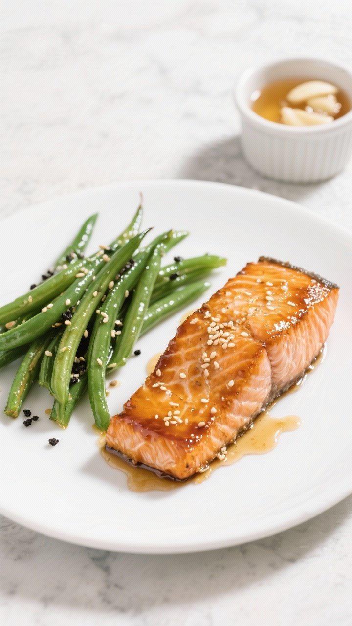 Straight-on plated presentation: honey-garlic salmon fillets lacquered with a glossy honey-garlic glaze, caramelized edges, flaky interior visible; sesame-oiled green beans with black pepper and a few toasted sesame seeds, arranged alongside; minimal white plate on a pale stone surface, small ramekin of honey and crushed garlic cloves in the background, clean, bright lighting highlighting the glaze.