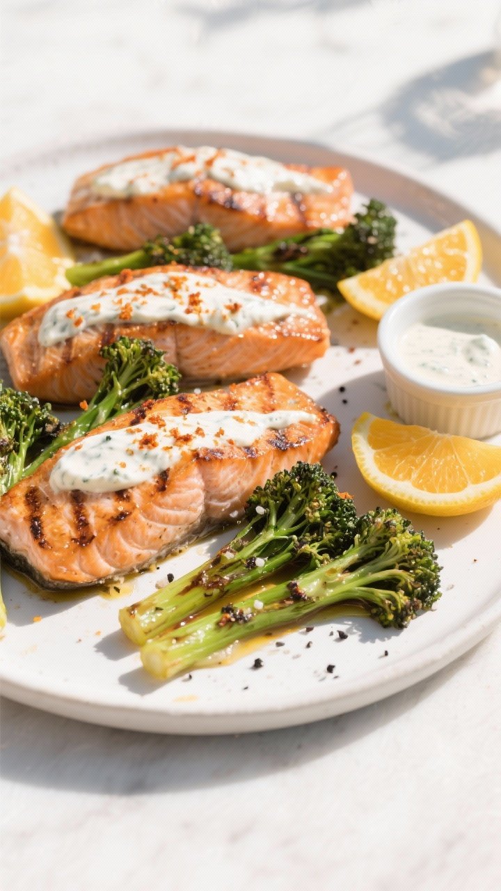 Straight-on plated presentation of Harissa Yogurt Salmon With Citrus Broccolini: four skin-on salmon fillets coated in a creamy harissa-Greek yogurt marinade, edges lightly charred, flaky interior; broccolini spears roasted with olive oil, kosher salt, and black pepper, finished with citrus slices (lemon/orange) and zest; served on a matte white platter with a small ramekin of leftover harissa-yogurt sauce; bright, sunlit Mediterranean mood with clean styling.